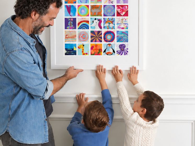 A dad and two kids pointing at framed mosaics hanging in a hallway