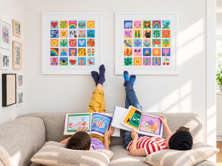 Two kids lying on a couch beneath two framed mosaics of their artwork